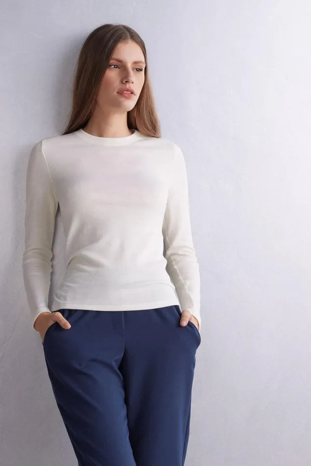 Intimissimi Long Sleeve Tops Women Wool and Cotton Long Sleeve Crewneck Top Ivory 2127 8211 Talc White