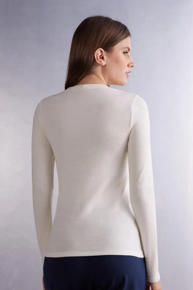 Intimissimi Long Sleeve Tops Women Wool and Cotton Long Sleeve Crewneck Top Ivory 2127 8211 Talc White