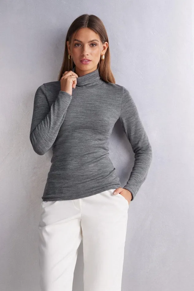 Intimissimi Long Sleeve Tops Women Wool and Cotton Long Sleeve High Collar Top Grey 7481 8211 Aluminium Grey Blend