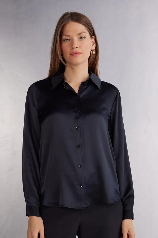 Intimissimi Shirts Women Long Sleeve Silk Shirt Black 019 8211 Black