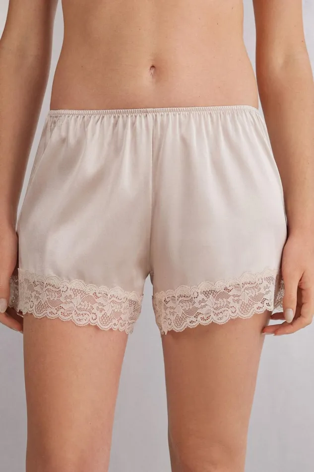 Intimissimi Short Pajamas Women Lace Trim Silk Shorts Natural 2280 8211 Avorio Crema