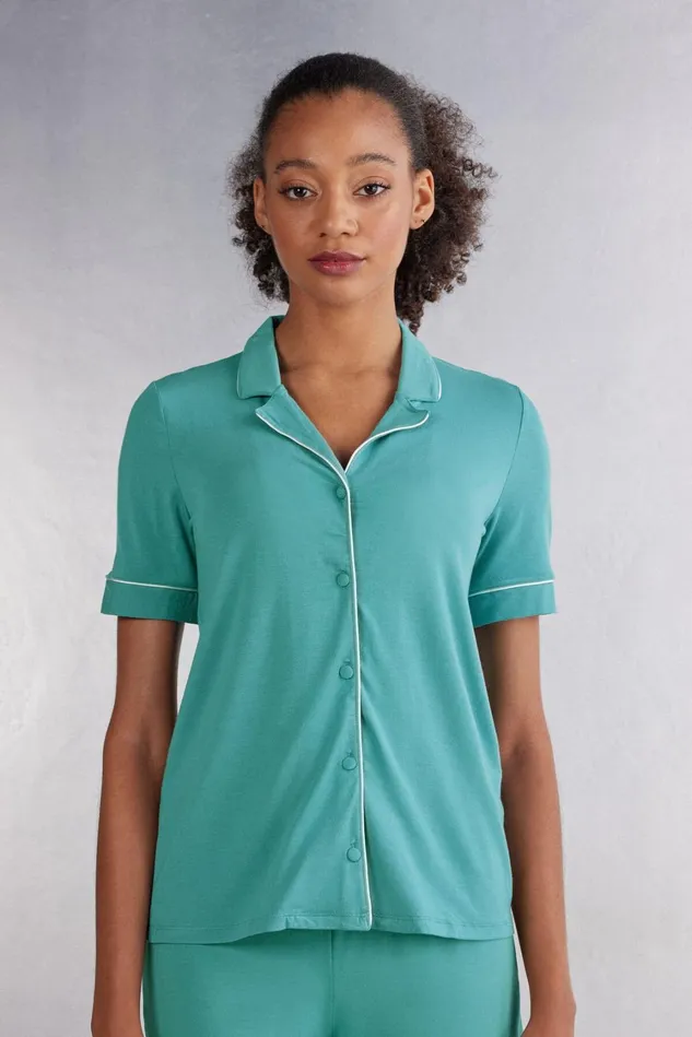 Intimissimi Short Pajamas Women Short Sleeve Button Up Shirt In Modal Blue 654j 8211 Lagoon Blue