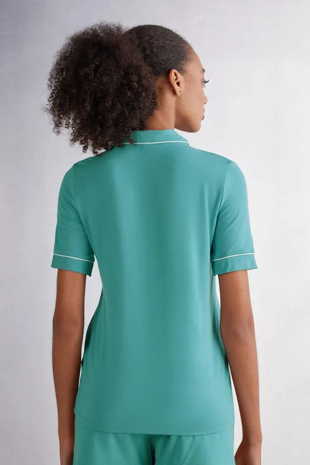 Intimissimi Short Pajamas Women Short Sleeve Button Up Shirt In Modal Blue 654j 8211 Lagoon Blue
