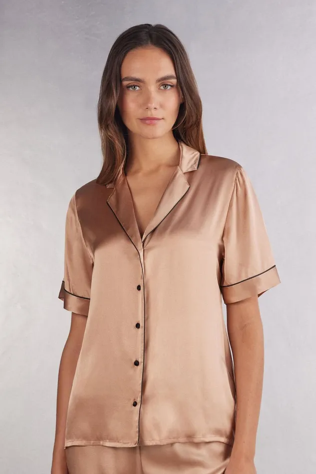 Intimissimi Short Pajamas Women Short Sleeve Silk Shirt With Contrast Trim Natural 163i 8211 Satin Pink