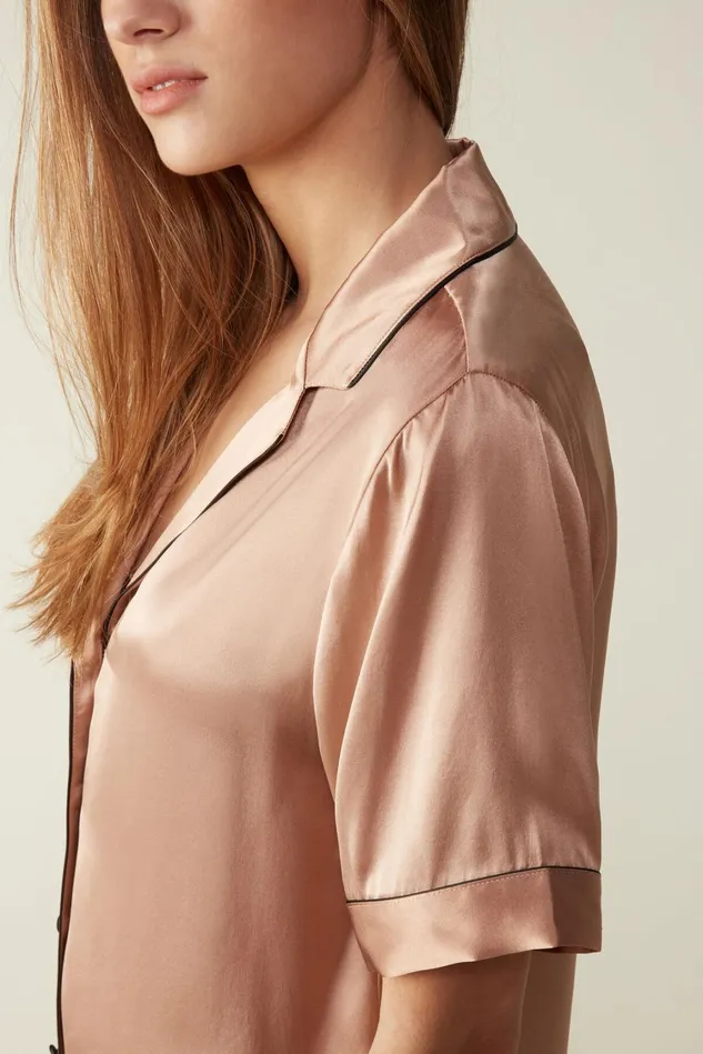 Intimissimi Short Pajamas Women Short Sleeve Silk Shirt With Contrast Trim Natural 163i 8211 Satin Pink