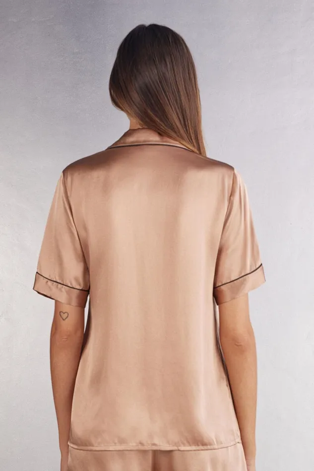 Intimissimi Short Pajamas Women Short Sleeve Silk Shirt With Contrast Trim Natural 163i 8211 Satin Pink