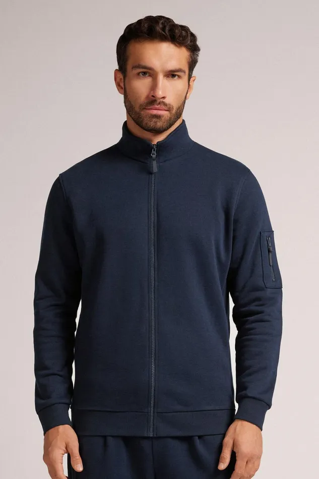 Intimissimi Sweatshirts Men Brushed High Collar Zip Sweatshirt Blue 1467 8211 Intense Blue