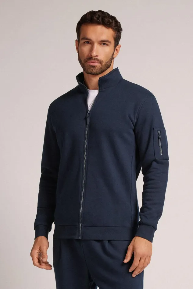 Intimissimi Sweatshirts Men Brushed High Collar Zip Sweatshirt Blue 1467 8211 Intense Blue