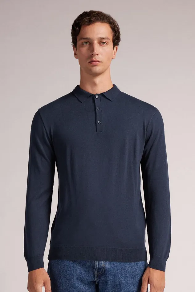 Intimissimi Sweatshirts Men Long Sleeve Knit Polo Blue 1467 8211 Intense Blue
