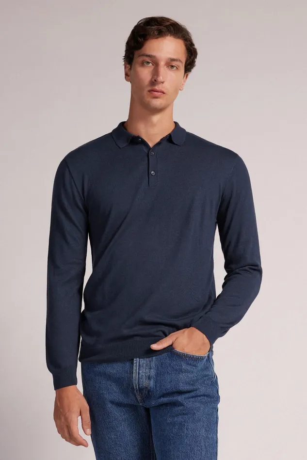 Intimissimi Sweatshirts Men Long Sleeve Knit Polo Blue 1467 8211 Intense Blue