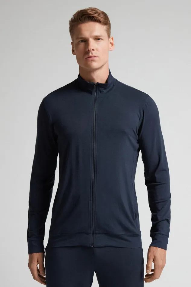 Intimissimi Sweatshirts Men Silk And Modal ZipUp Sweatshirt Blue 800 8211 Blu Notte