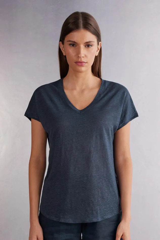 Intimissimi TShirt Women Linen VNeck Short Sleeve Top Blue 243j 8211 Sailor Blue