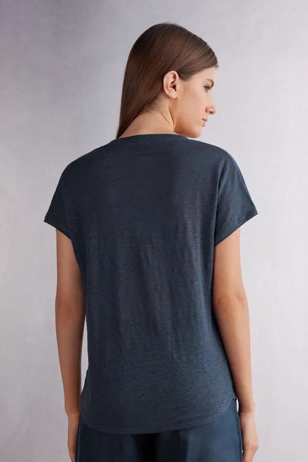 Intimissimi TShirt Women Linen VNeck Short Sleeve Top Blue 243j 8211 Sailor Blue