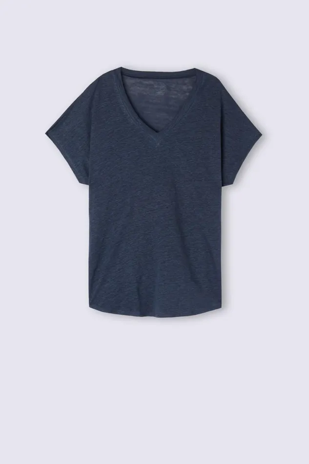 Intimissimi TShirt Women Linen VNeck Short Sleeve Top Blue 243j 8211 Sailor Blue
