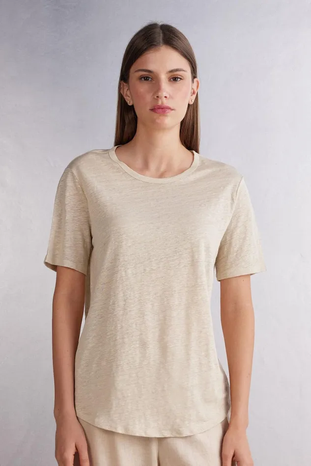 Intimissimi TShirt Women Short Sleeve Linen Top Natural 913i 8211 Rope Beige