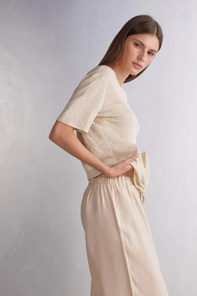 Intimissimi TShirt Women Short Sleeve Linen Top Natural 913i 8211 Rope Beige