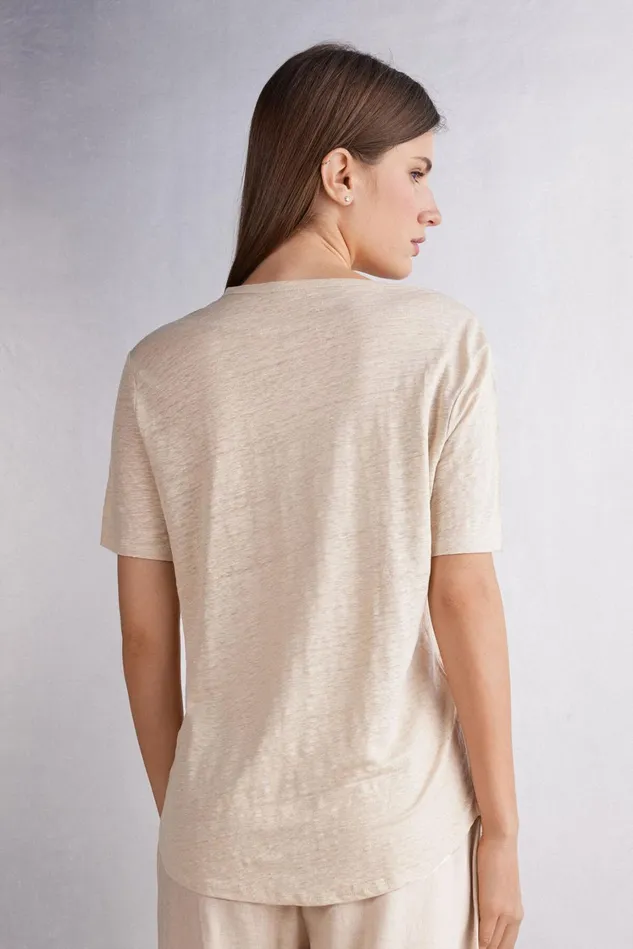 Intimissimi TShirt Women Short Sleeve Linen Top Natural 913i 8211 Rope Beige
