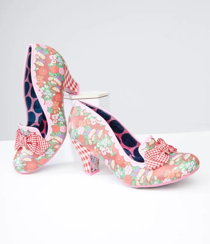 Irregular Choice Red Floral and Gingham Print Heels Shoes Unique Vintage Heels