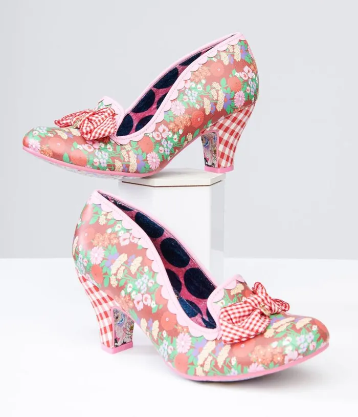 Irregular Choice Red Floral and Gingham Print Heels Shoes Unique Vintage Heels