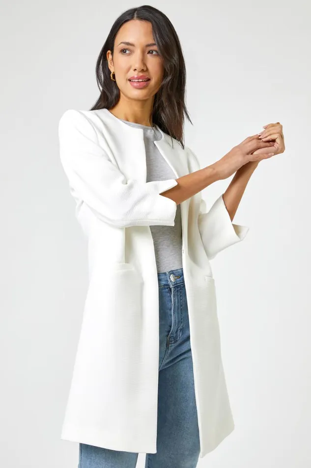 Ivory 34 Sleeve Textured Longline Jacket Women Roman Occasionwear