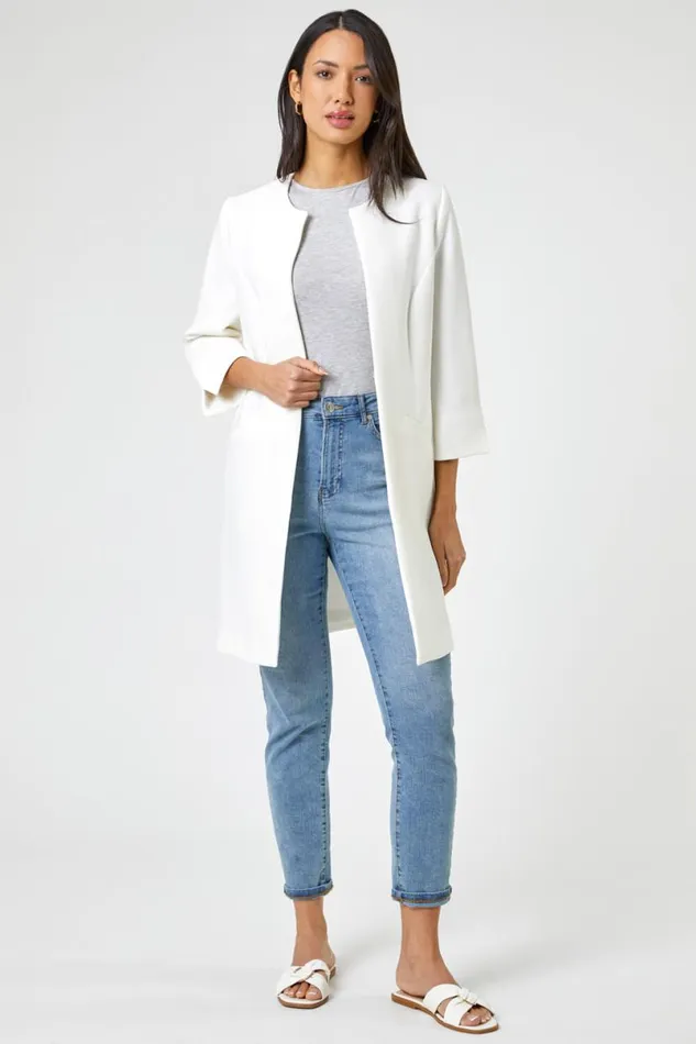 Ivory 34 Sleeve Textured Longline Jacket Women Roman Occasionwear