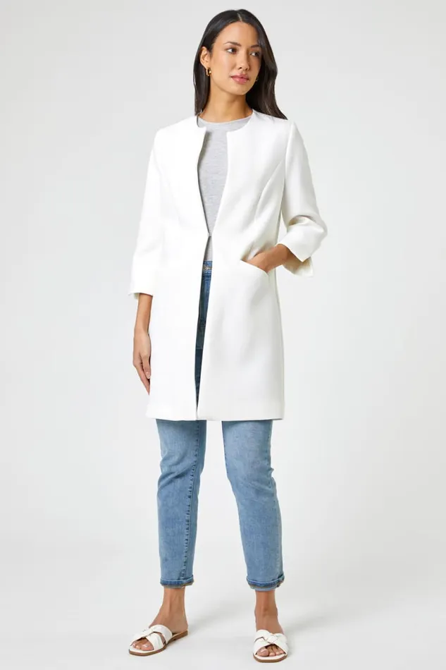 Ivory 34 Sleeve Textured Longline Jacket Women Roman Occasionwear