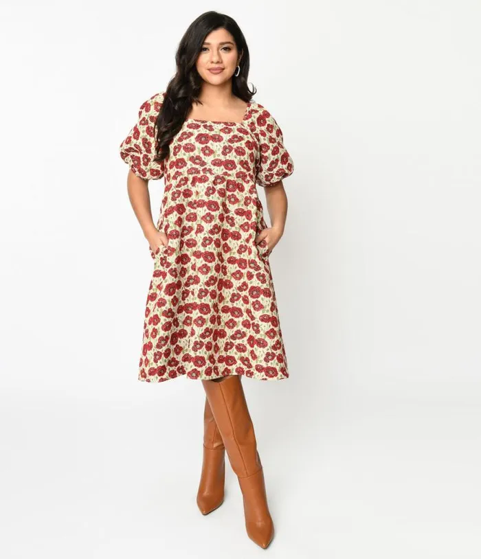 Ivory and Red Floral Kiss Jacquard Fit and Flare Dress DressesPlus Unique Vintage Pocket Dresses Ivory and Red Floral Kiss Jacquard Fit and Flare Dress DressesPlus Unique Vintage Pocket Dresses