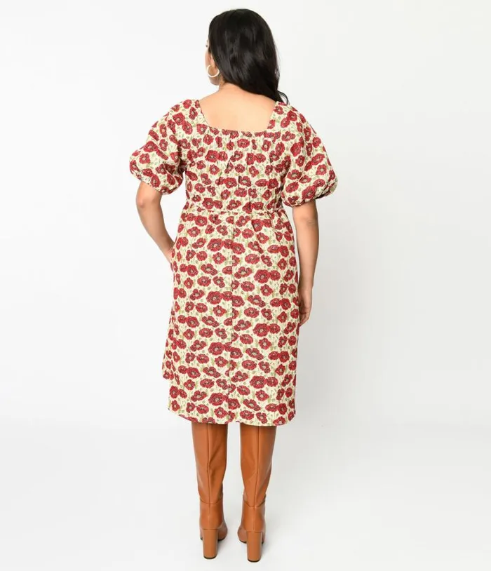 Ivory and Red Floral Kiss Jacquard Fit and Flare Dress DressesPlus Unique Vintage Pocket Dresses