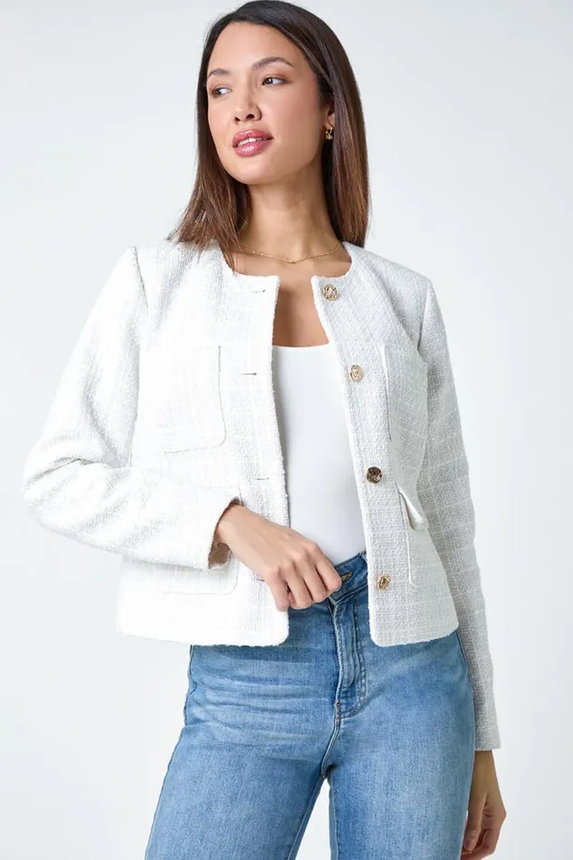 Ivory Collarless Boucle Jacket Women Roman Jackets