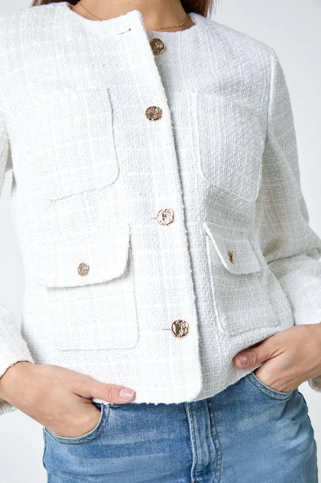 Ivory Collarless Boucle Jacket Women Roman Jackets
