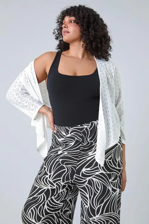 Ivory Curve Broderie Stretch Cardigan Women Roman Tops