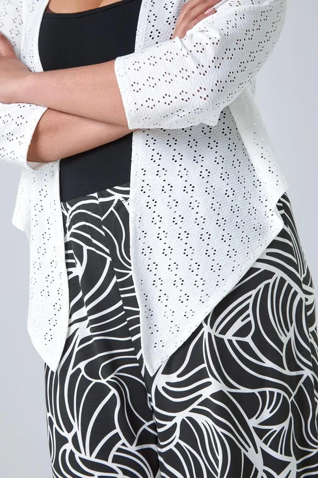 Ivory Curve Broderie Stretch Cardigan Women Roman Tops