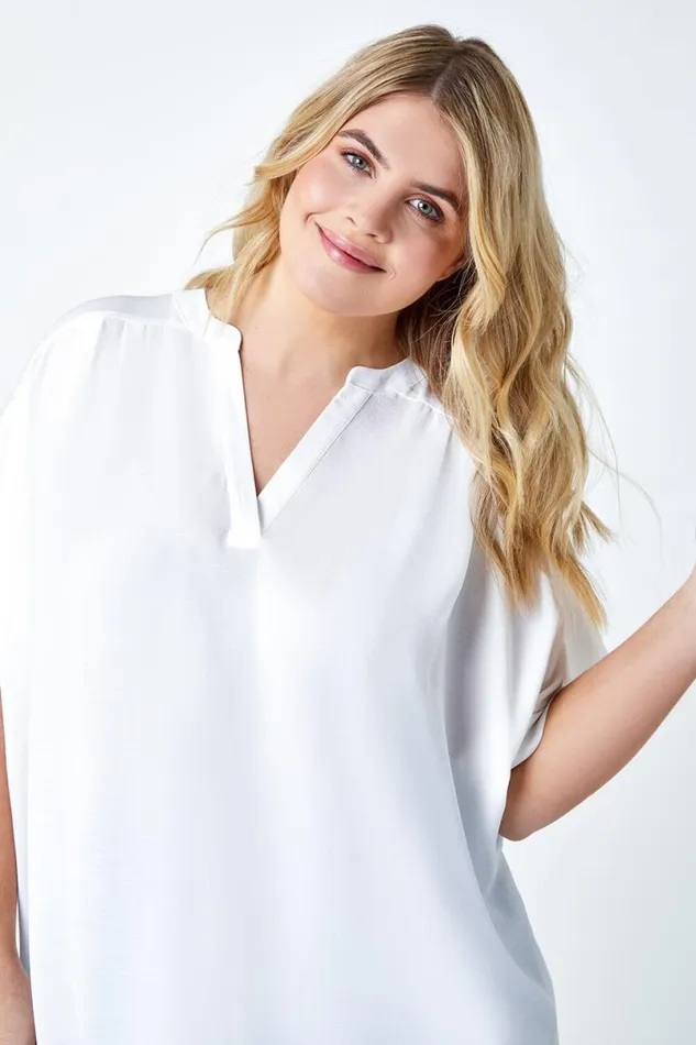 Ivory Curve Linen Look VNeck Longline Top Women Roman Tops