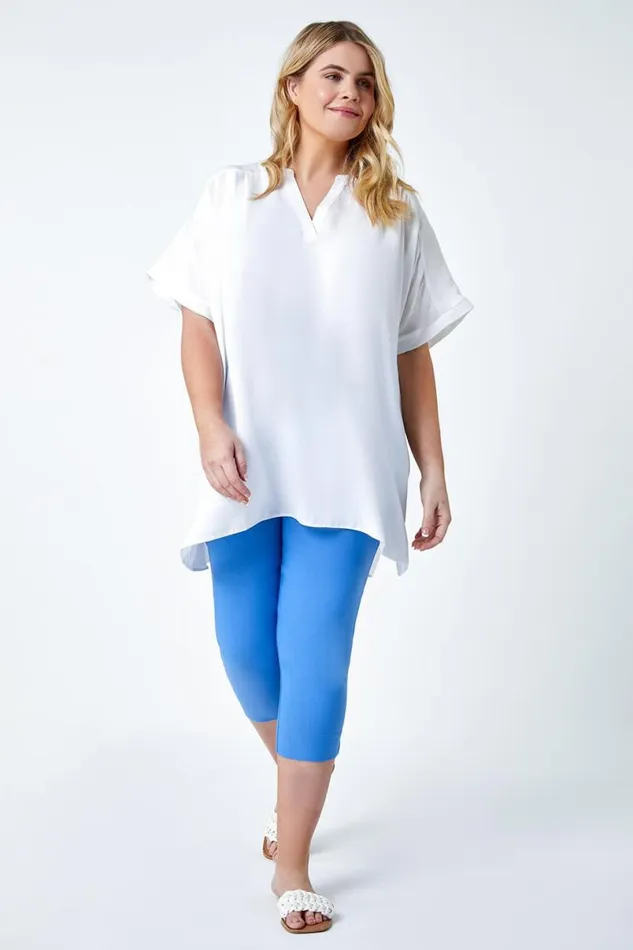 Ivory Curve Linen Look VNeck Longline Top Women Roman Tops