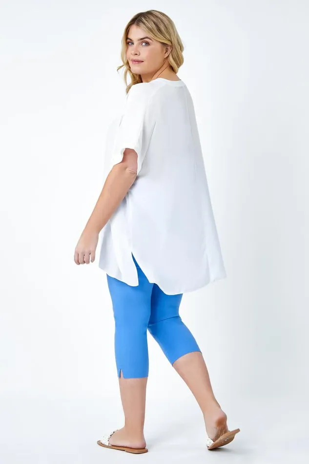 Ivory Curve Linen Look VNeck Longline Top Women Roman Tops
