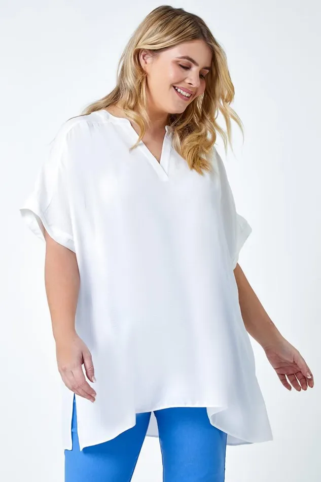 Ivory Curve Linen Look VNeck Longline Top Women Roman Tops
