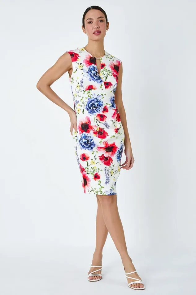 Ivory Floral Print Ruched Shift Stretch Dress Women Roman Dresses