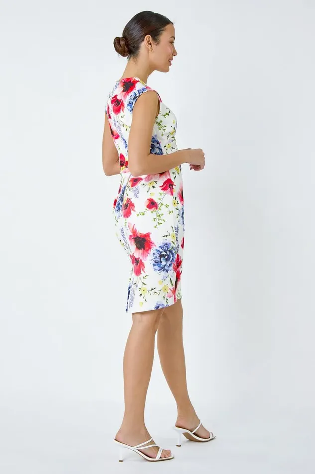 Ivory Floral Print Ruched Shift Stretch Dress Women Roman Dresses