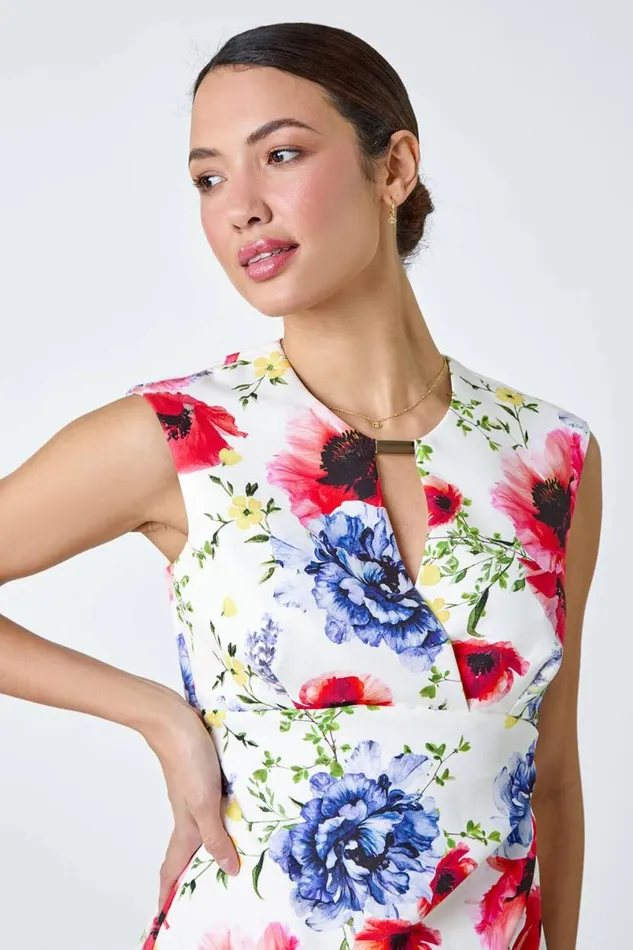 Ivory Floral Print Ruched Shift Stretch Dress Women Roman Dresses