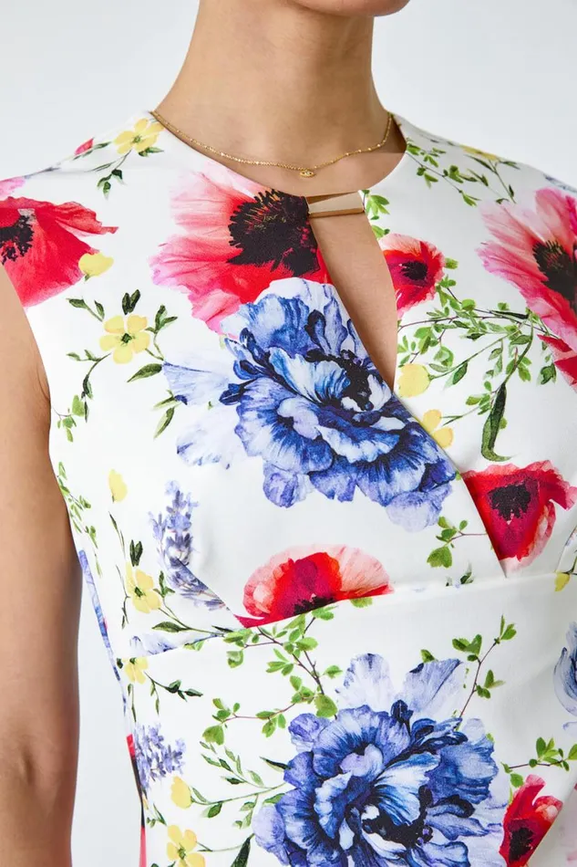Ivory Floral Print Ruched Shift Stretch Dress Women Roman Dresses