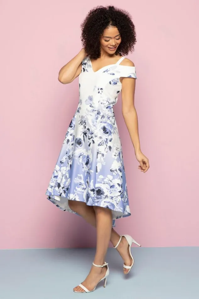 Ivory Ombre Fit And Flare Cold Shoulder Dress Women Roman Dresses