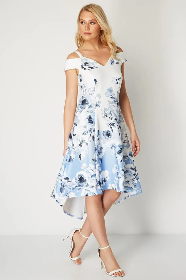 Ivory Ombre Fit And Flare Cold Shoulder Dress Women Roman Dresses