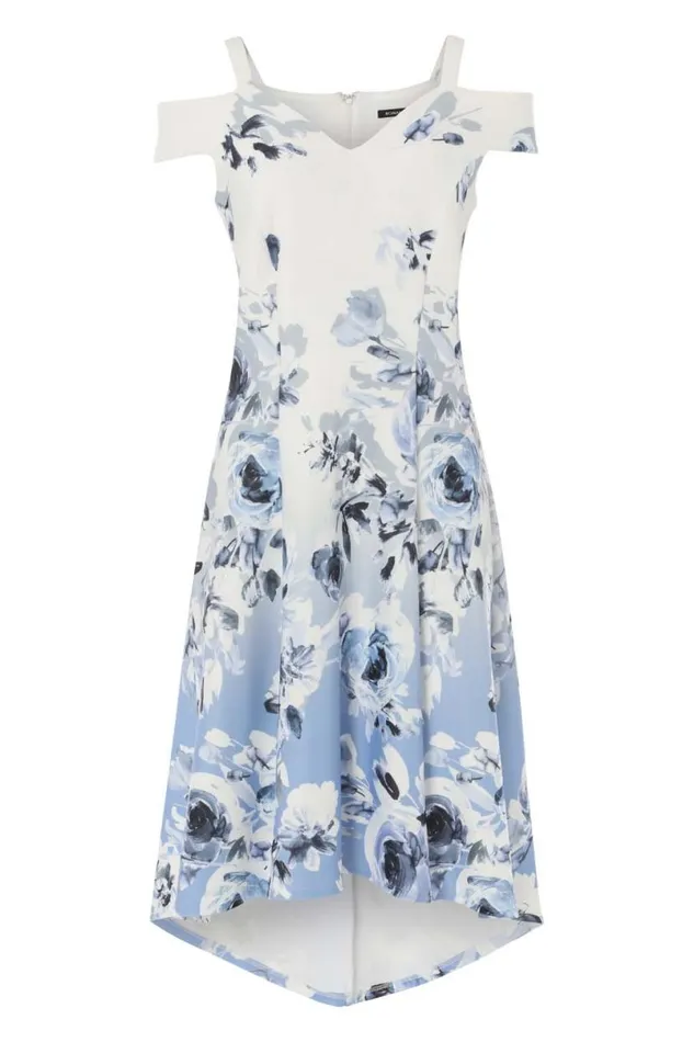 Ivory Ombre Fit And Flare Cold Shoulder Dress Women Roman Dresses