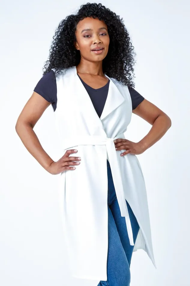 Ivory Petite Sleeveless Longline Jacket Women Roman Jackets
