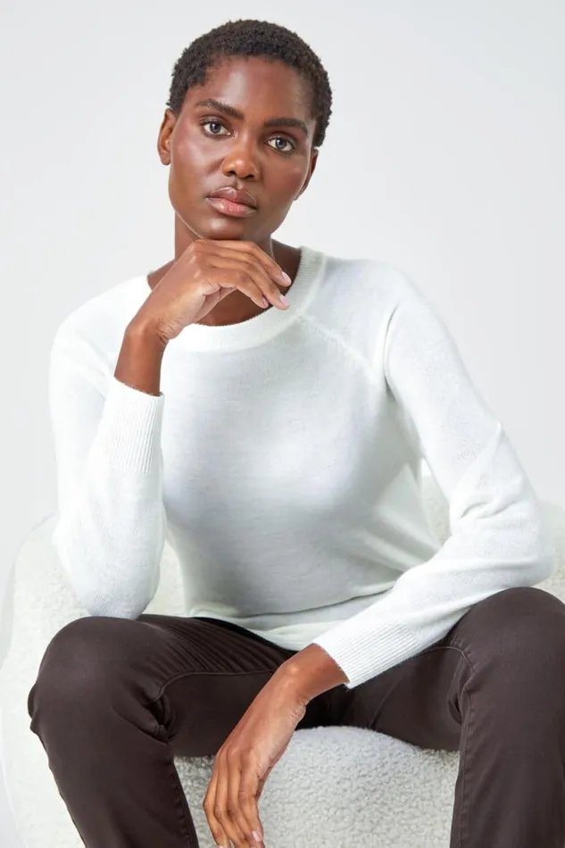 Ivory Plain Soft Crew Neck Jumper Women Roman Knitwear