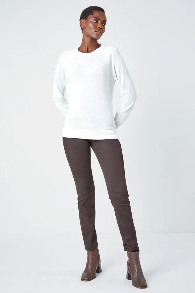 Ivory Plain Soft Crew Neck Jumper Women Roman Knitwear