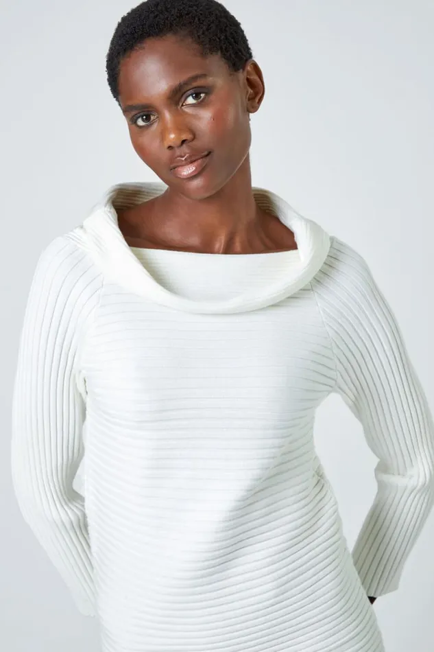 Ivory Ribbed Cowl Neck Stretch Jumper Women Roman Knitwear