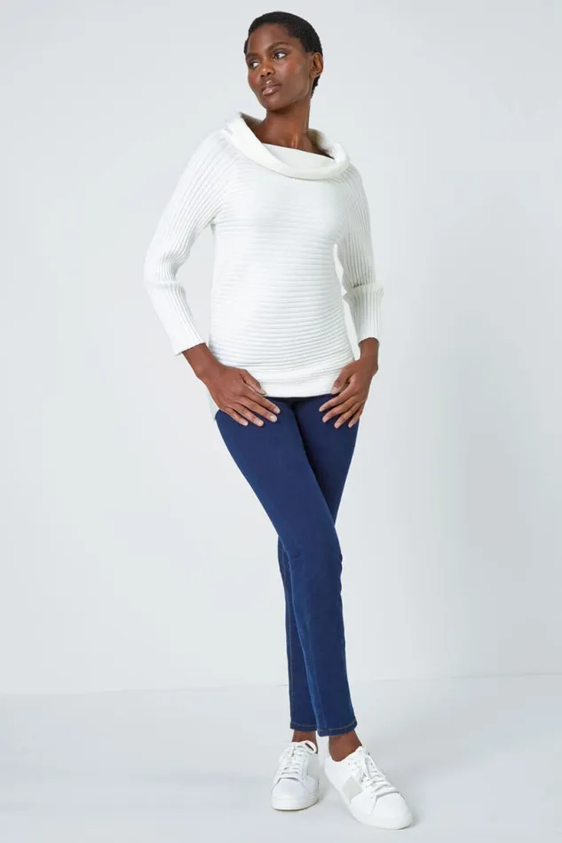 Ivory Ribbed Cowl Neck Stretch Jumper Women Roman Knitwear