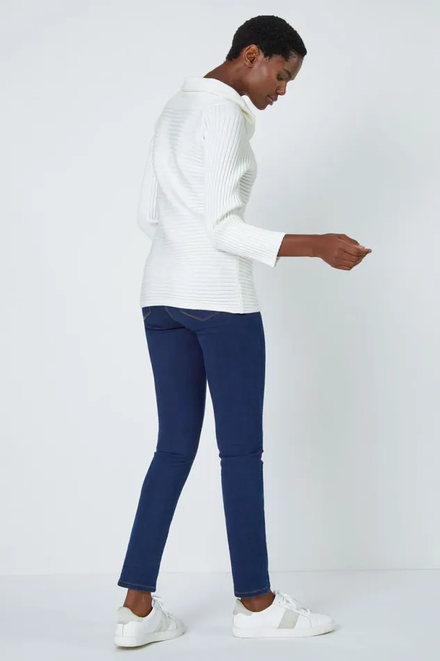 Ivory Ribbed Cowl Neck Stretch Jumper Women Roman Knitwear