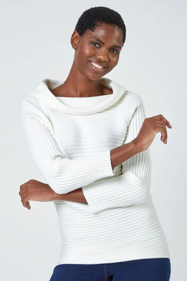 Ivory Ribbed Cowl Neck Stretch Jumper Women Roman Knitwear